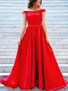 A-line Off-the-shoulder Satin Sweep Train Beading Prom Dresses #Favs020107759