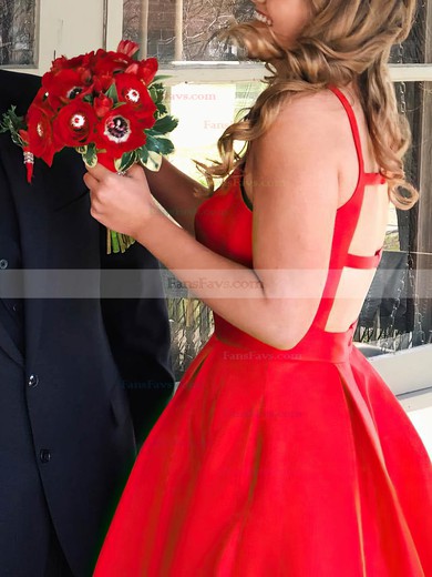 A-line V-neck Satin Sweep Train Pockets Prom Dresses #Favs020107761