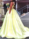 A-line V-neck Satin Sweep Train Pockets Prom Dresses #Favs020107761