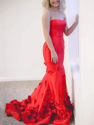 Trumpet/Mermaid Strapless Satin Sweep Train Flower(s) Prom Dresses #Favs020107763 Trumpet/Mermaid Strapless Satin Sweep Train Flower(s) Prom Dresses #Favs020107763