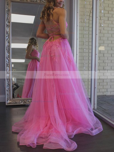 A-line Square Neckline Tulle Sweep Train Appliques Lace Prom Dresses #Favs020107766