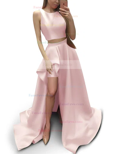 A-line Scoop Neck Satin Sweep Train Prom Dresses #Favs020104803