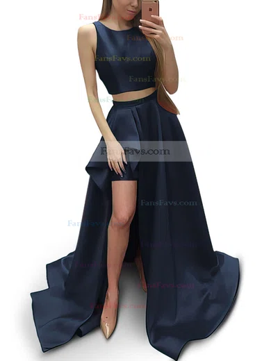 A-line Scoop Neck Satin Sweep Train Prom Dresses #Favs020104803