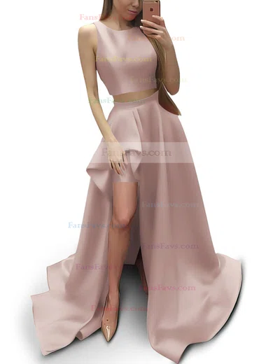 A-line Scoop Neck Satin Sweep Train Prom Dresses #Favs020104803