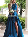 A-line Scoop Neck Satin Sweep Train Prom Dresses #Favs020104803