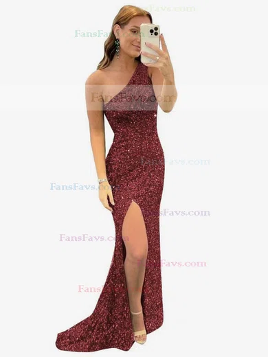 Trumpet/Mermaid One Shoulder Sequined Sweep Train Split Front Prom Dresses #Favs020107769