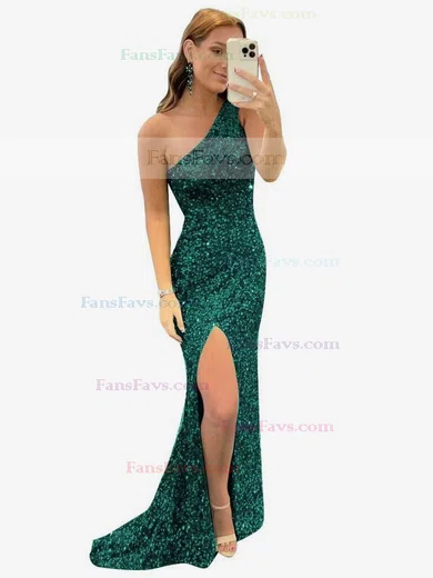Trumpet/Mermaid One Shoulder Sequined Sweep Train Split Front Prom Dresses #Favs020107769