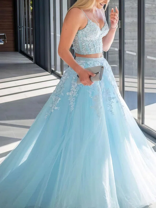 Ball Gown V-neck Tulle Sweep Train Appliques Lace Prom Dresses #Favs020107770