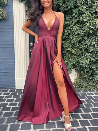 A-line Halter Silk-like Satin Sweep Train Split Front Prom Dresses #Favs020107771 A-line Halter Silk-like Satin Sweep Train Split Front Prom Dresses #Favs020107771