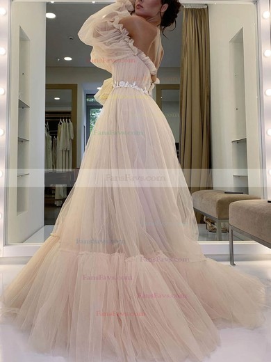 A-line Off-the-shoulder Tulle Sweep Train Appliques Lace Prom Dresses #Favs020107776