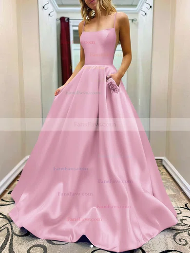 A-line Square Neckline Satin Sweep Train Beading Prom Dresses #Favs020107784