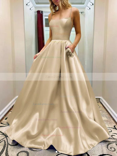 A-line Square Neckline Satin Sweep Train Beading Prom Dresses #Favs020107784