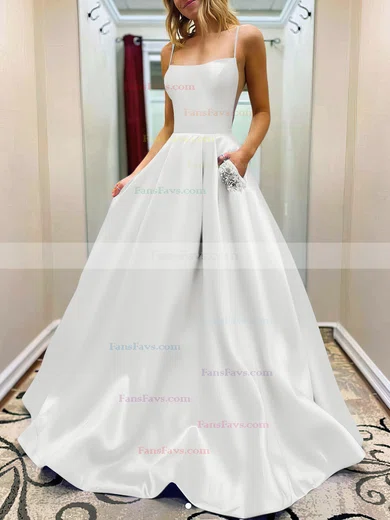 A-line Square Neckline Satin Sweep Train Beading Prom Dresses #Favs020107784