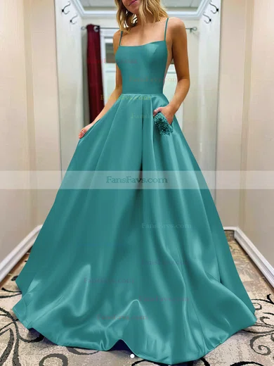A-line Square Neckline Satin Sweep Train Beading Prom Dresses #Favs020107784