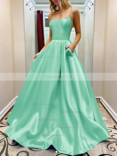 A-line Square Neckline Satin Sweep Train Beading Prom Dresses #Favs020107784