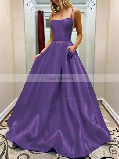 A-line Square Neckline Satin Sweep Train Beading Prom Dresses #Favs020107784