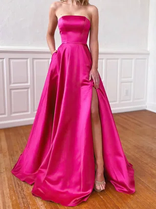 A-line Strapless Satin Sweep Train Pockets Prom Dresses #Favs020107785
