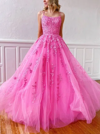 A-line Square Neckline Tulle Sweep Train Appliques Lace Prom Dresses #Favs020107786 A-line Square Neckline Tulle Sweep Train Appliques Lace Prom Dresses #Favs020107786