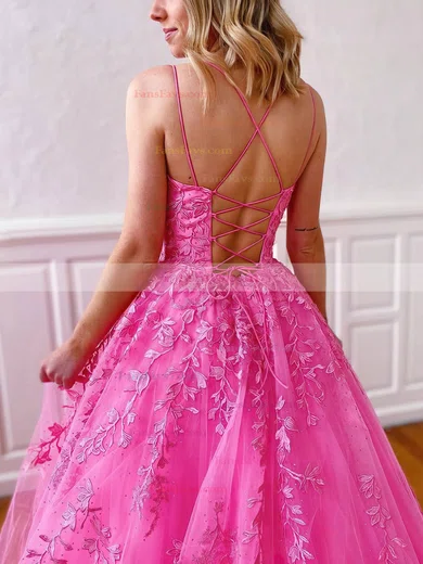 A-line Square Neckline Tulle Sweep Train Appliques Lace Prom Dresses #Favs020107786