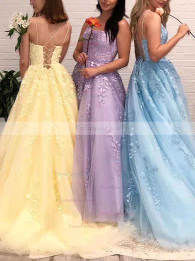 A-line Square Neckline Tulle Sweep Train Appliques Lace Prom Dresses #Favs020107786