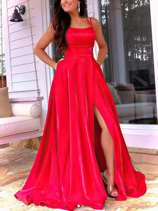 A-line Square Neckline Satin Sweep Train Pockets Prom Dresses #Favs020107787 A-line Square Neckline Satin Sweep Train Pockets Prom Dresses #Favs020107787