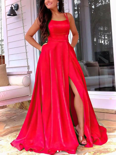 A-line Square Neckline Satin Sweep Train Pockets Prom Dresses #Favs020107787
