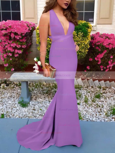 Trumpet/Mermaid V-neck Silk-like Satin Sweep Train Prom Dresses #Favs020103526