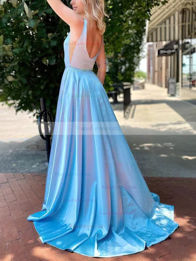 A-line V-neck Silk-like Satin Sweep Train Split Front Prom Dresses #Favs020107793