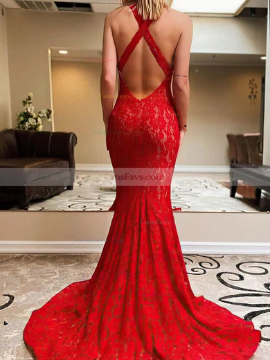 Trumpet/Mermaid V-neck Lace Sweep Train Split Front Prom Dresses #Favs020107797