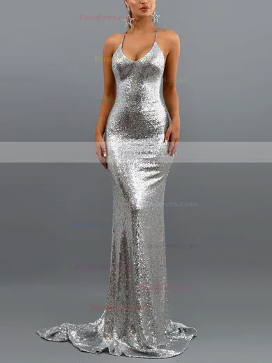 Trumpet/Mermaid V-neck Sequined Sweep Train Prom Dresses #Favs020107798