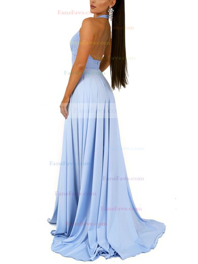 A-line Halter Silk-like Satin Sweep Train Lace Prom Dresses #Favs020107801