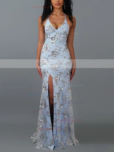 Trumpet/Mermaid V-neck Lace Tulle Sweep Train Split Front Prom Dresses #Favs020107804