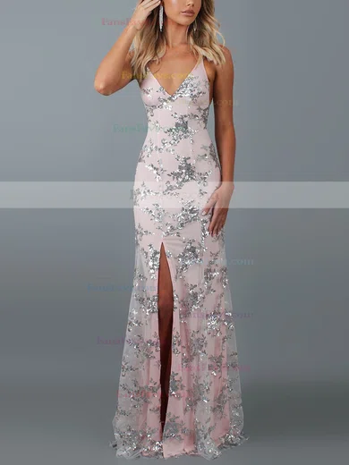 Trumpet/Mermaid V-neck Lace Tulle Sweep Train Split Front Prom Dresses #Favs020107804