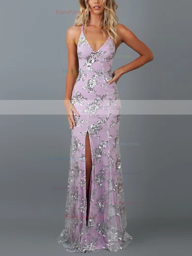 Trumpet/Mermaid V-neck Lace Tulle Sweep Train Split Front Prom Dresses #Favs020107804