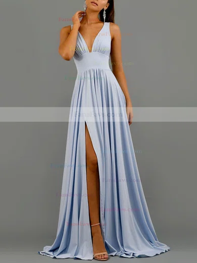 A-line V-neck Jersey Sweep Train Split Front Prom Dresses #Favs020107806