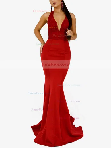 Trumpet/Mermaid Halter Lace Stretch Crepe Sweep Train Prom Dresses #Favs020107807