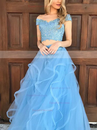 A-line Off-the-shoulder Tulle Floor-length Appliques Lace Prom Dresses #Favs020104809