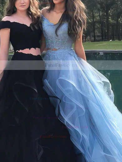 A-line Off-the-shoulder Tulle Floor-length Appliques Lace Prom Dresses #Favs020104809