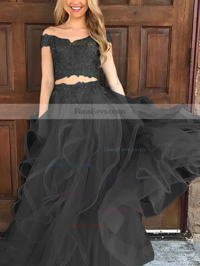 A-line Off-the-shoulder Tulle Floor-length Appliques Lace Prom Dresses #Favs020104809