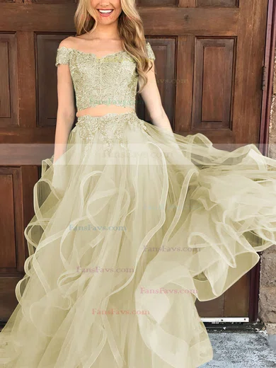 A-line Off-the-shoulder Tulle Floor-length Appliques Lace Prom Dresses #Favs020104809