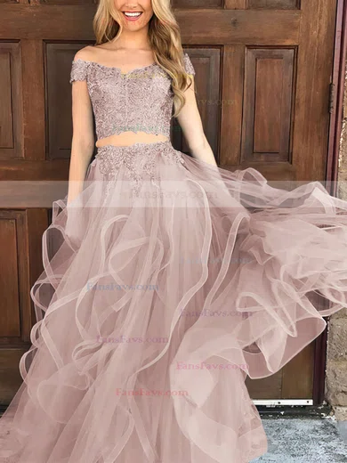 A-line Off-the-shoulder Tulle Floor-length Appliques Lace Prom Dresses #Favs020104809