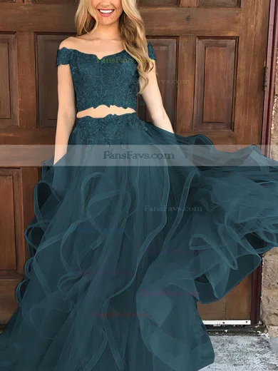 A-line Off-the-shoulder Tulle Floor-length Appliques Lace Prom Dresses #Favs020104809