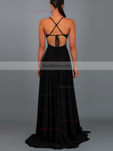 A-line V-neck Jersey Sweep Train Split Front Prom Dresses #Favs020107808