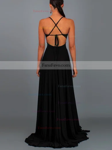 A-line V-neck Jersey Sweep Train Split Front Prom Dresses #Favs020107808