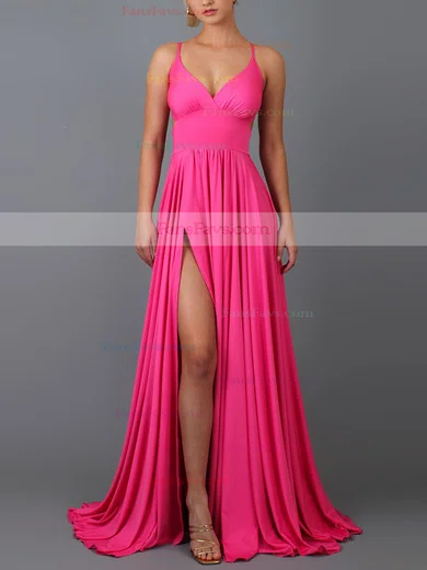 A-line V-neck Jersey Sweep Train Split Front Prom Dresses #Favs020107808