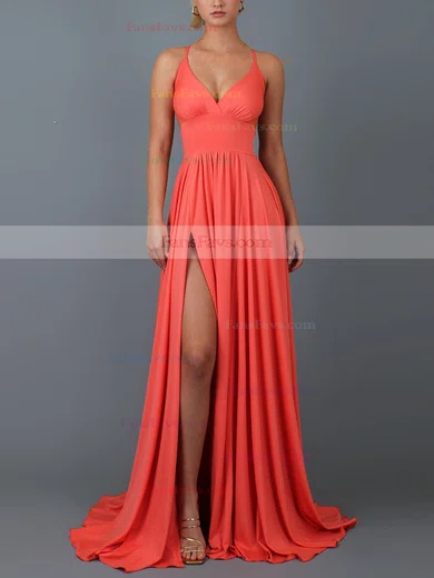 A-line V-neck Jersey Sweep Train Split Front Prom Dresses #Favs020107808
