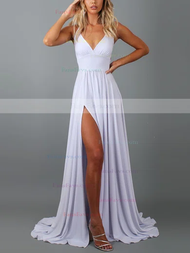 A-line V-neck Jersey Sweep Train Split Front Prom Dresses #Favs020107808