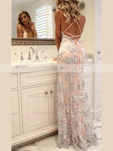 Trumpet/Mermaid V-neck Lace Tulle Sweep Train Split Front Prom Dresses #Favs020107814