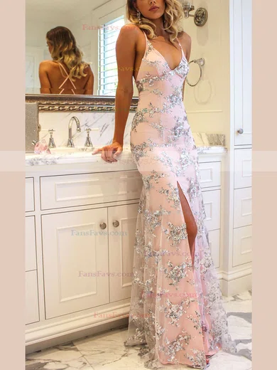 Trumpet/Mermaid V-neck Lace Tulle Sweep Train Split Front Prom Dresses #Favs020107814