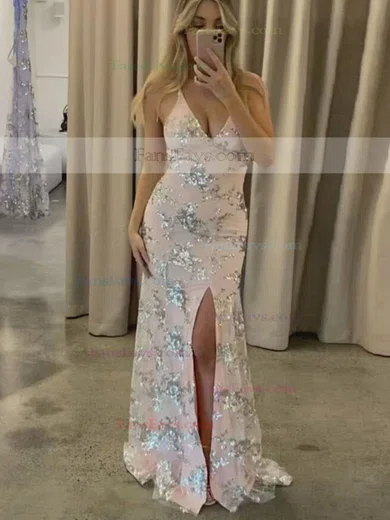 Trumpet/Mermaid V-neck Lace Tulle Sweep Train Split Front Prom Dresses #Favs020107814